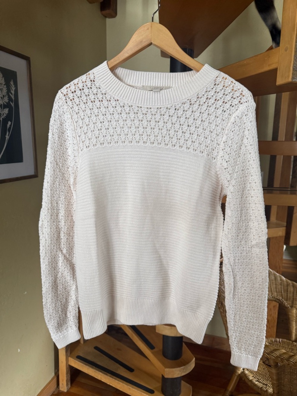 Loft 100% Cotton Cream Knit Crewneck Sweater Size Medium